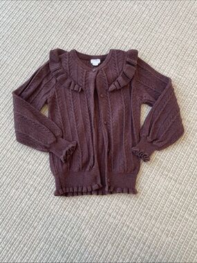 Jamie Kay Ruffle-Trim Pointelle Cardigan — Brown